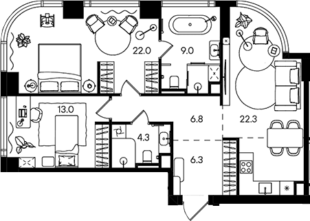 Планировка: Евротрёшка 83,7 м² в ЖК «СТОУН Блик»