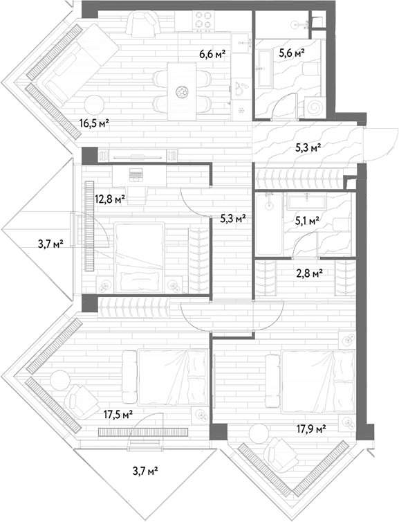 Планировка: Квартира евро-4 95,4 м² в ЖК «С5»