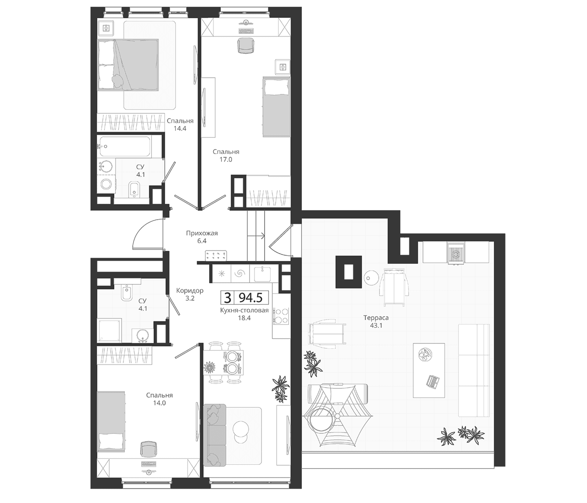 Планировка: Квартира евро-4 81,6 м² в ЖК «ГРЭЙ»