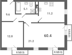 Планировка: 2-комнатная квартира 59,1 м² в ЖК «Южная Долина»