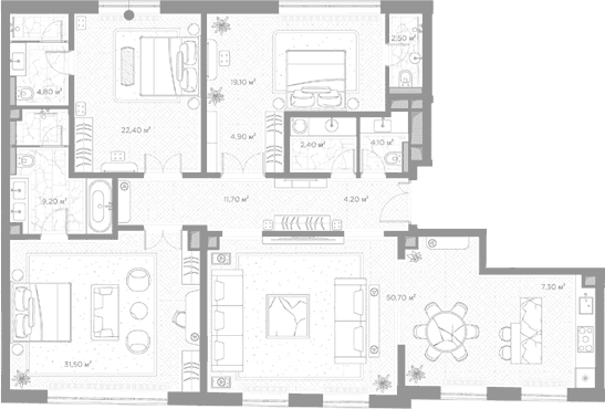 Планировка: 3-комнатная квартира 174,8 м² в ЖК «Николь»