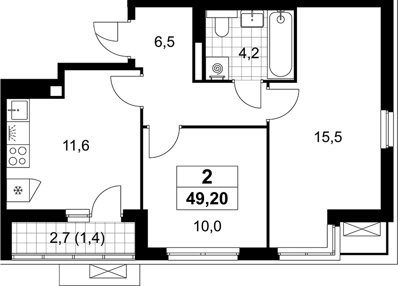 Планировка: 2-комнатная квартира 47,8 м² в ЖК «Деснаречье»