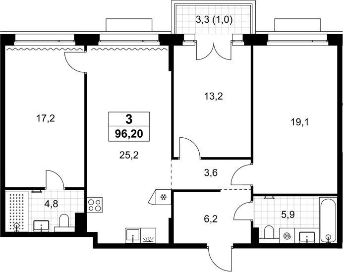 Планировка: Квартира евро-4 95,2 м² в ЖК «Хольм»