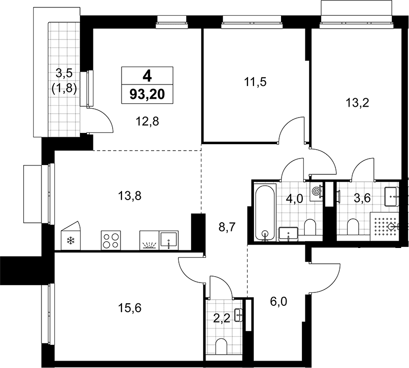 Планировка: Квартира евро-4 91,4 м² в ЖК «Деснаречье»