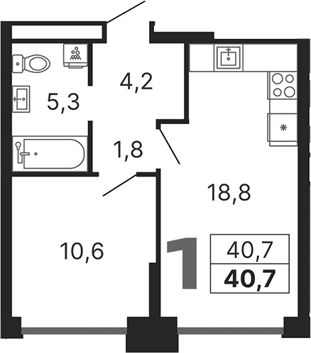 Планировка: 1-комнатная квартира 40,7 м² в ЖК «Бестселлер»