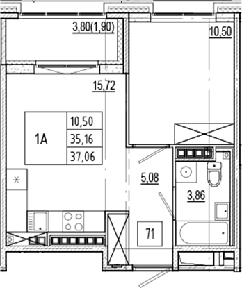 Планировка: Евродвушка 35,2 м² в ЖК «Ranta Residence»