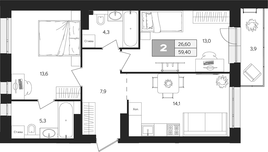 Планировка: 2-комнатная квартира 58,2 м² в ЖК «Ласточкино»