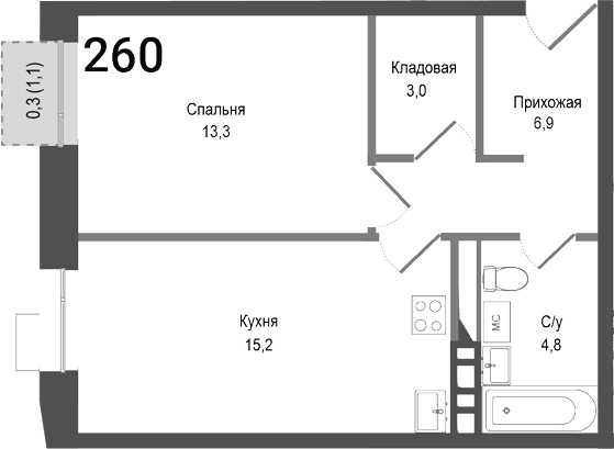 Планировка: Евродвушка 43,2 м² в ЖК «Киноквартал»