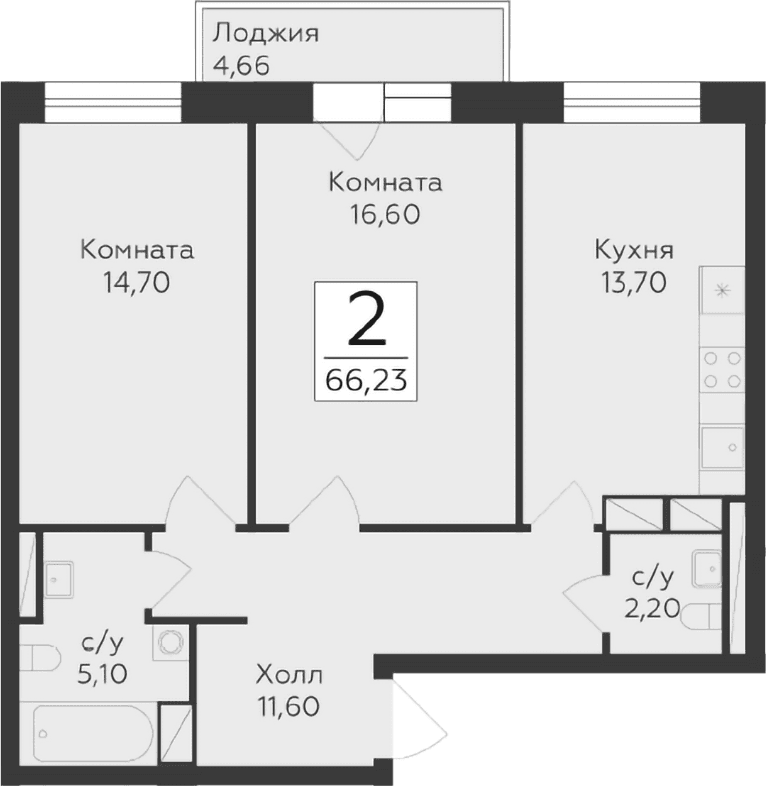 Планировка: 2-комнатная квартира 63,9 м² в ЖК «Малаховский»