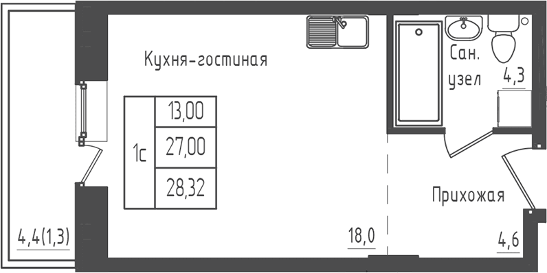 Планировка: Студия 27 м² в ЖК «Зеленый город»