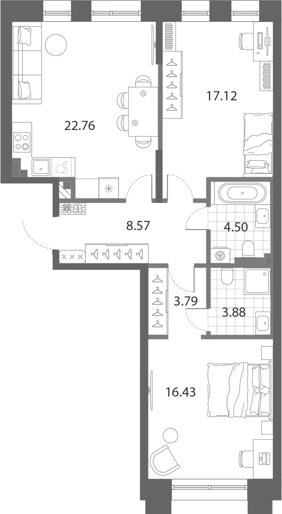 Планировка: Евротрёшка 77,1 м² в ЖК «Нева Арт»