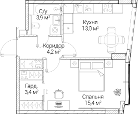 Планировка: 1-комнатная квартира 39,8 м² в ЖК «СЕЗАР БУДУЩЕЕ»