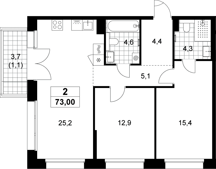 Планировка: Евротрёшка 71,9 м² в ЖК «Хольм»