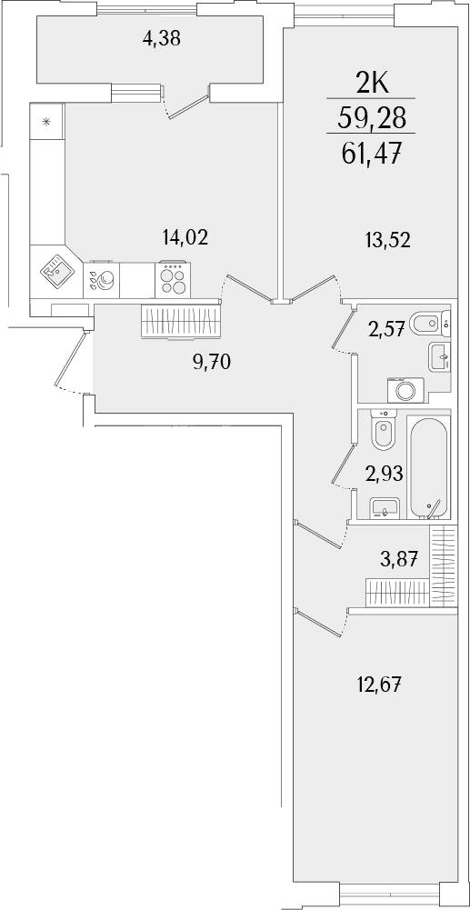 Планировка: Евротрёшка 59,3 м² в ЖК «Гранат»