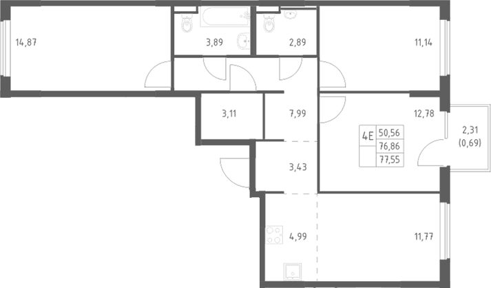 Планировка: Квартира евро-4 76,9 м² в ЖК «Мытищи Парк»