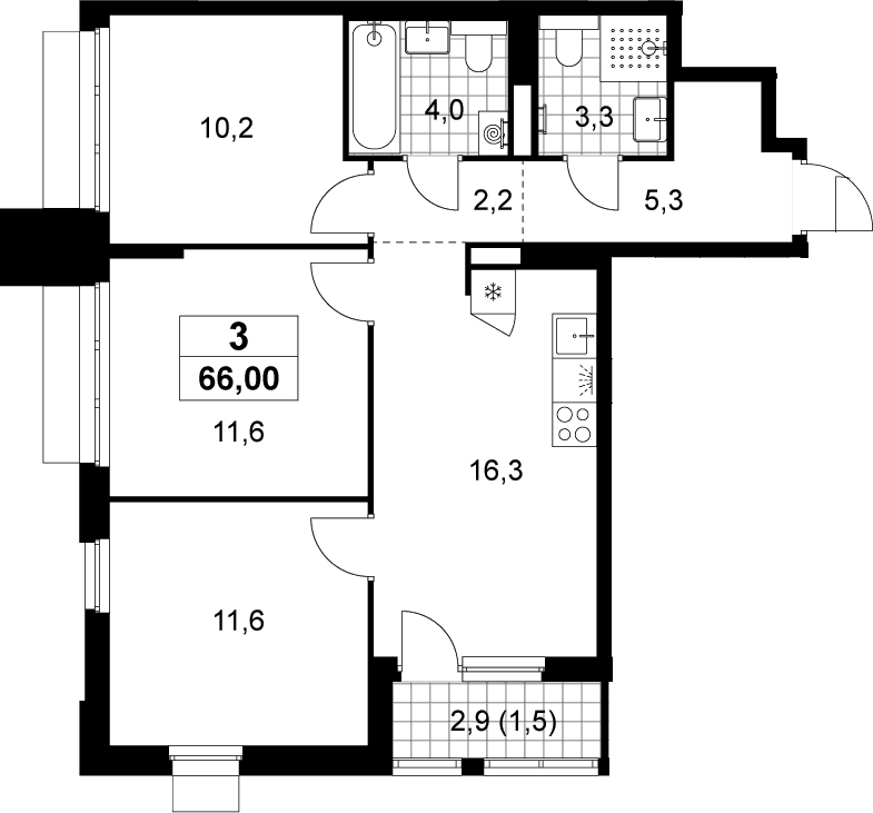 Планировка: 3-комнатная квартира 64,5 м² в ЖК «Деснаречье»