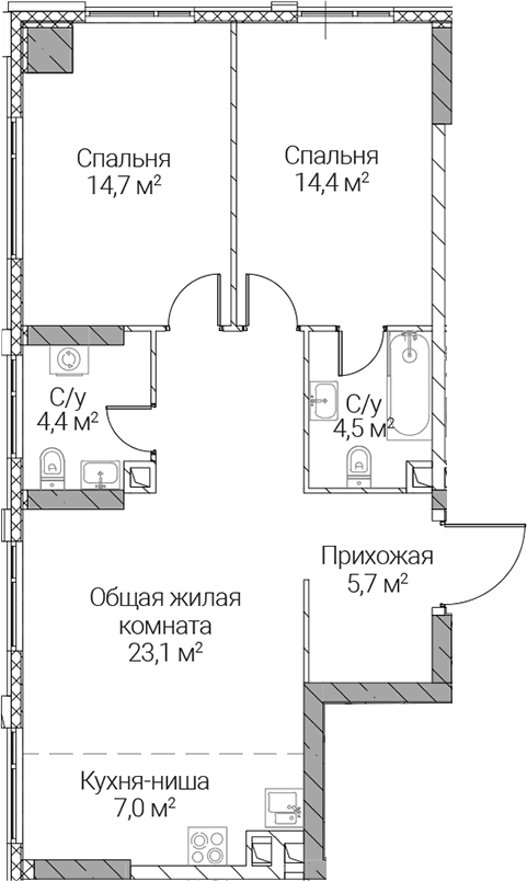 Планировка: Евротрёшка 73,8 м² в ЖК «СЕЗАР СИЛИКА»