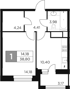 Планировка: 1-комнатная квартира 37,2 м² в ЖК «Восток 2»