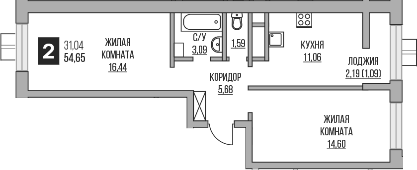 Планировка: 2-комнатная квартира 52,5 м² в ЖК «Гранель Пехра»