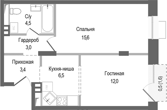 Планировка: Евродвушка 45 м² в ЖК «Киноквартал»