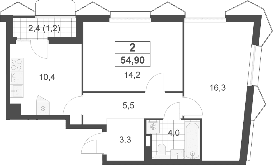 Планировка: 2-комнатная квартира 53,7 м² в ЖК «Деснаречье»