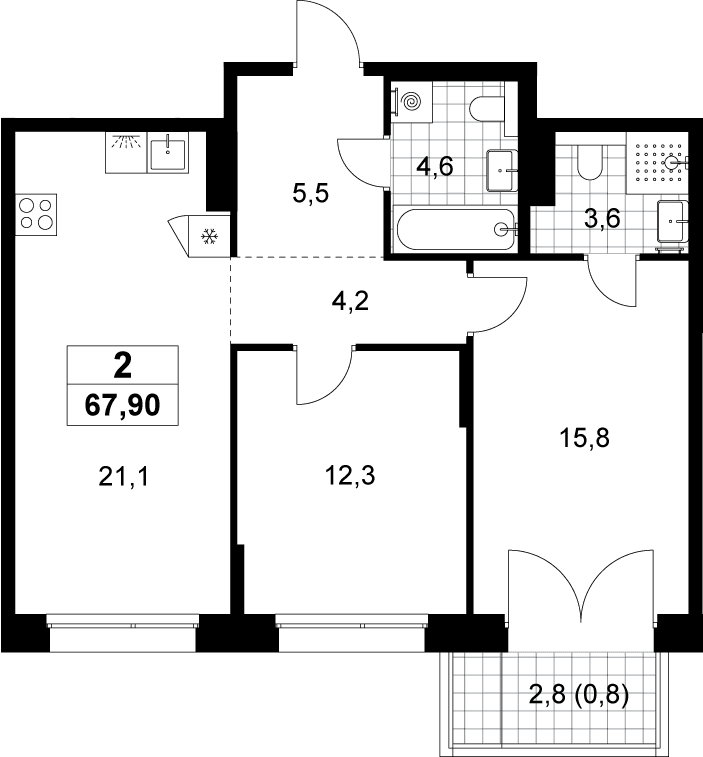 Планировка: Евротрёшка 67,1 м² в ЖК «Хольм»