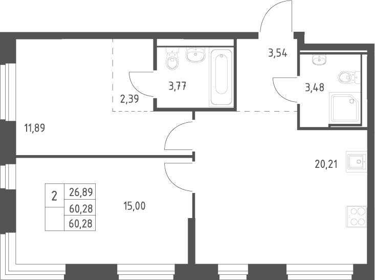Планировка: Евротрёшка 60,3 м² в ЖК «Квартал Ивакино»