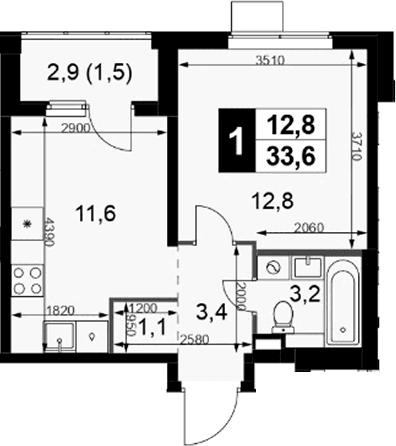 Планировка: 1-комнатная квартира 32,1 м² в ЖК «1-й Химкинский»