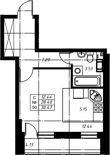 Планировка: Студия 28,5 м² в ЖК «Огоньки»