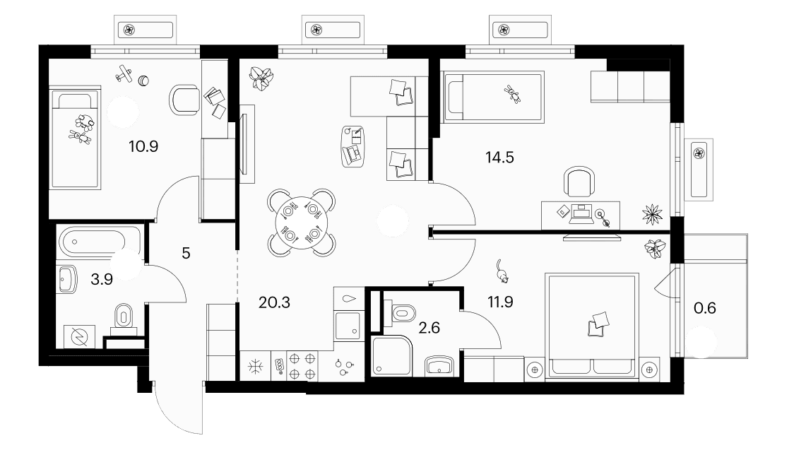 Планировка: 3-комнатная квартира 69,1 м² в ЖК «Белая Дача парк»