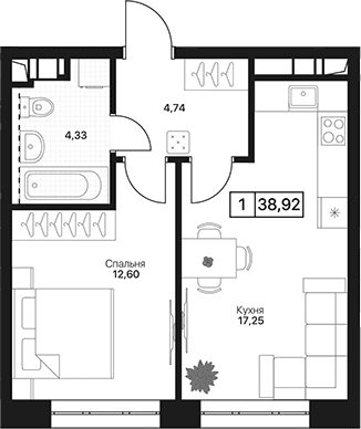 Планировка: 1-комнатная квартира 38,9 м² в ЖК «Пушкино Град»