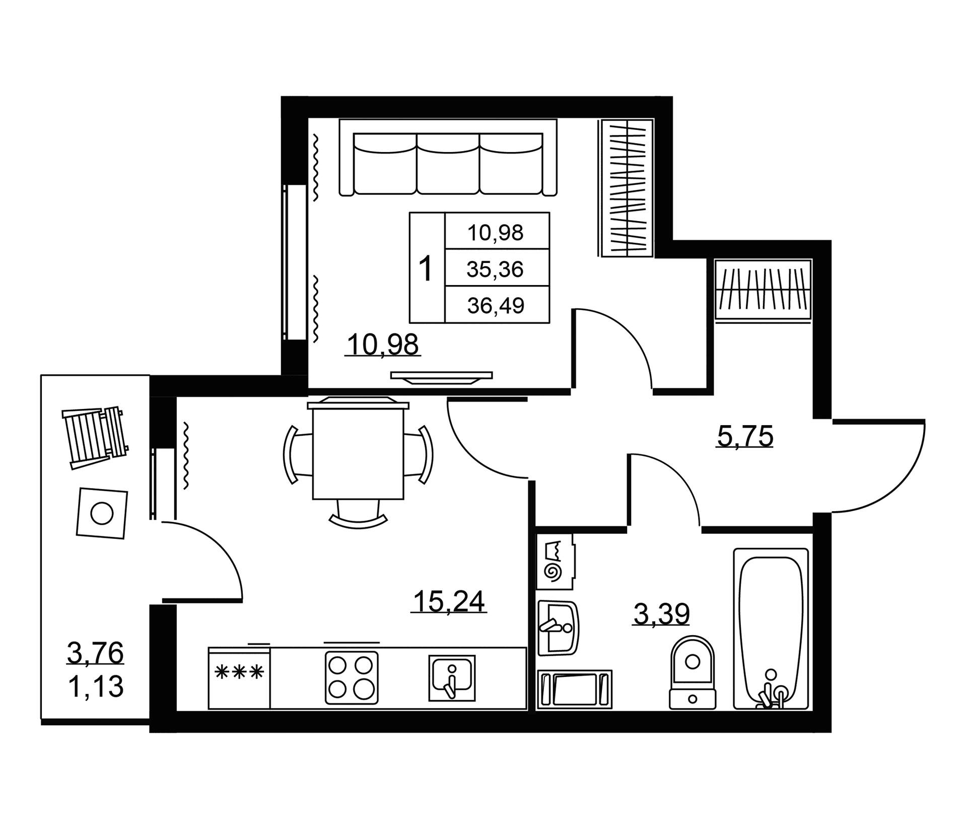 Планировка: Евродвушка 35,4 м² в ЖК «Пулковское, 34»
