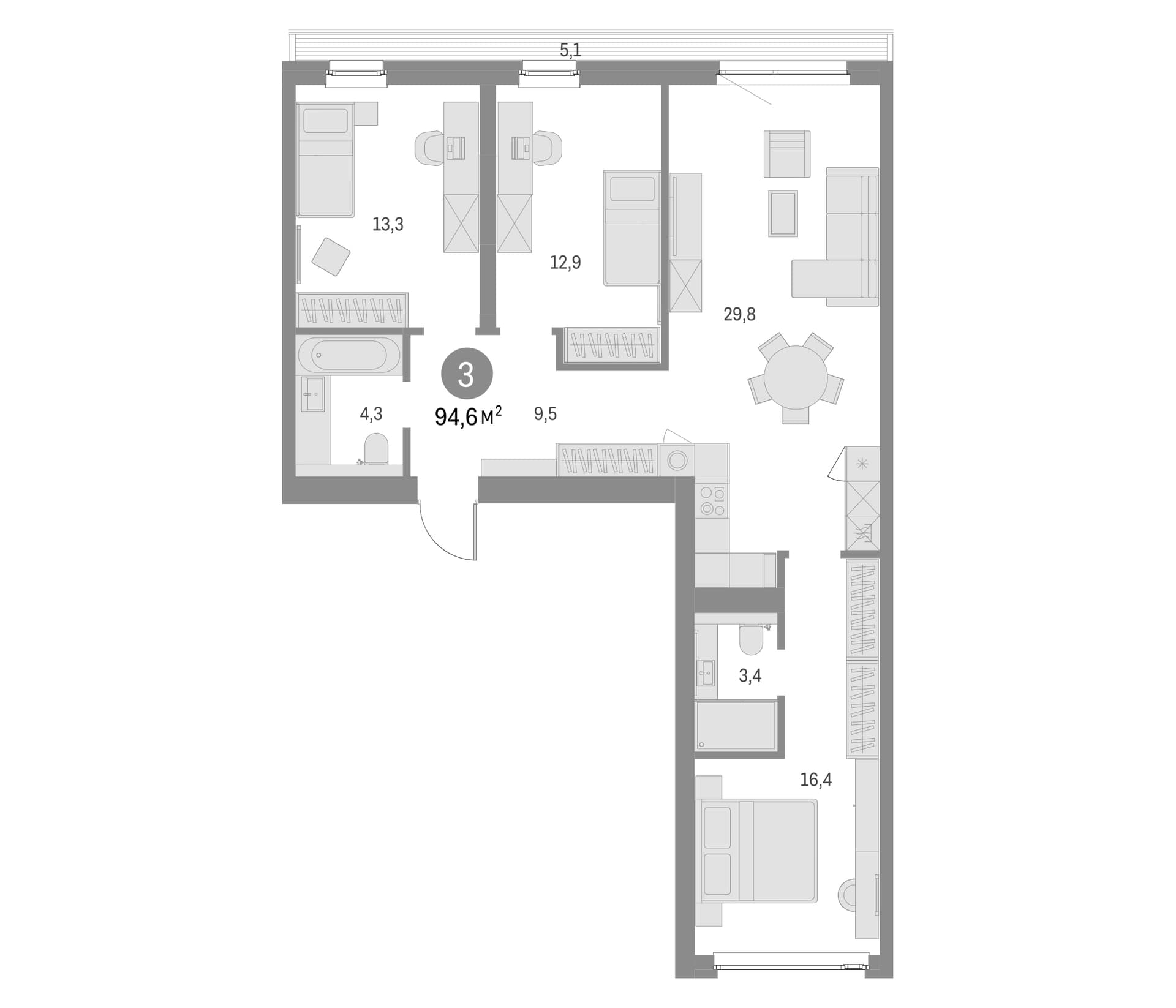 Планировка: Квартира евро-4 89,5 м² в ЖК «Северный ветер»