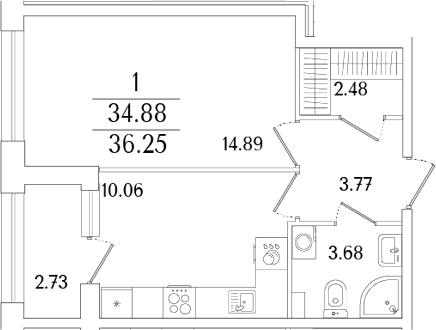 Планировка: 1-комнатная квартира 34,9 м² в ЖК «Аурум»