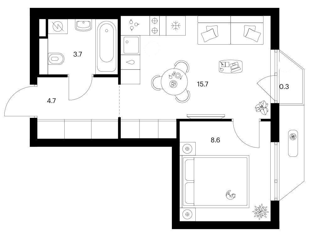 Планировка: 1-комнатная квартира 32,7 м² в ЖК «Зеленый парк»