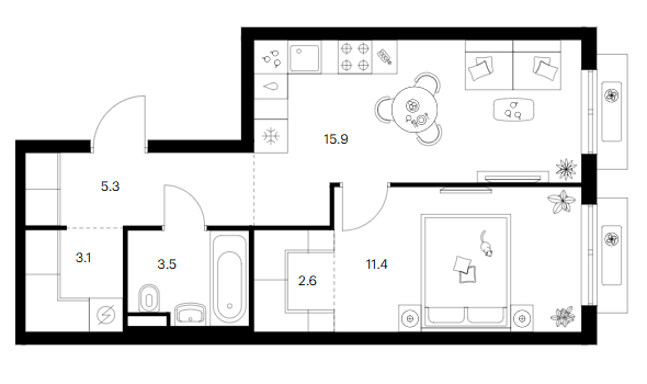 Планировка: 1-комнатная квартира 41,8 м² в ЖК «Ярославский»