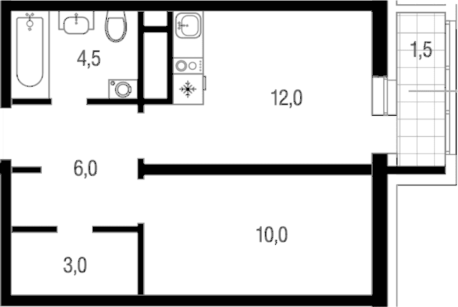 Планировка: 1-комнатная квартира 35,5 м² в ЖК «Котельники парк»