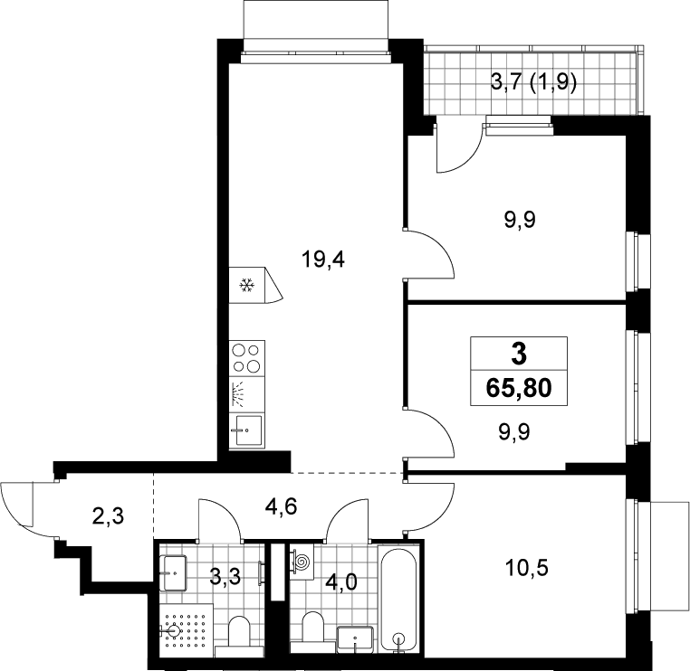 Планировка: Квартира евро-4 63,9 м² в ЖК «Деснаречье»