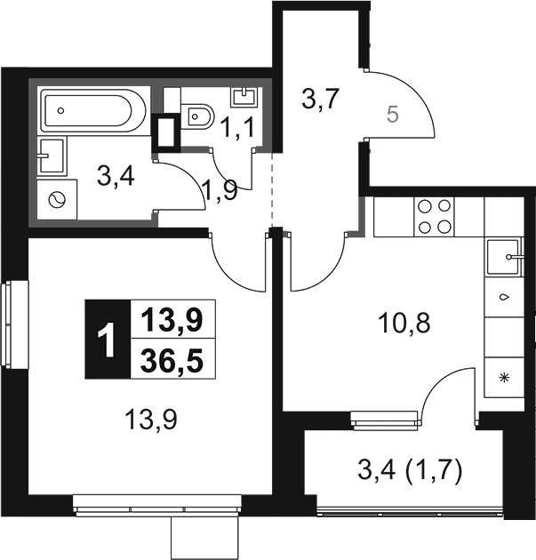 Планировка: 1-комнатная квартира 34,8 м² в ЖК «1-й Химкинский»