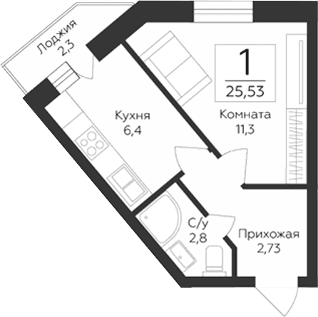 Планировка: 1-комнатная квартира 23,2 м² в ЖК «Гардарика Клаб»