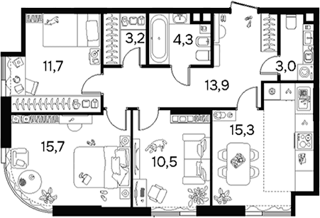 Планировка: 3-комнатная квартира 77,4 м² в ЖК «Вавилова 64»