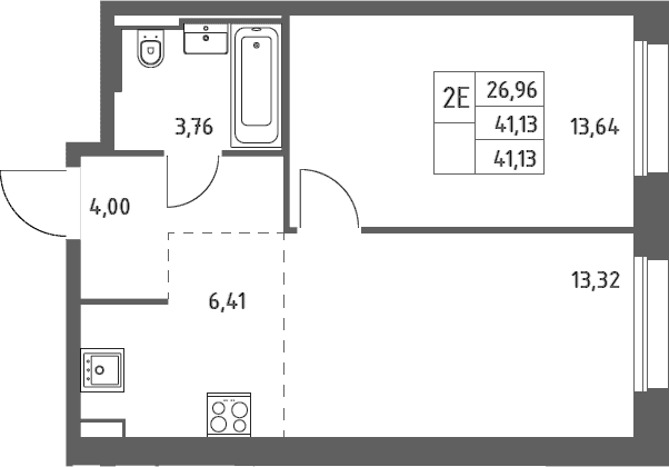 Планировка: Евродвушка 41,1 м² в ЖК «Заречье Парк»
