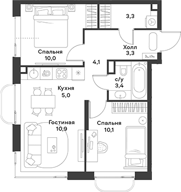 Планировка: Евротрёшка 50,1 м² в ЖК «АЛИА»