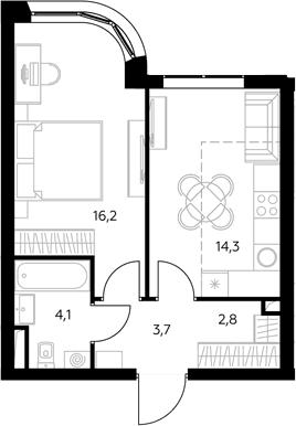 Планировка: 1-комнатная квартира 41,5 м² в ЖК «Адмирал»