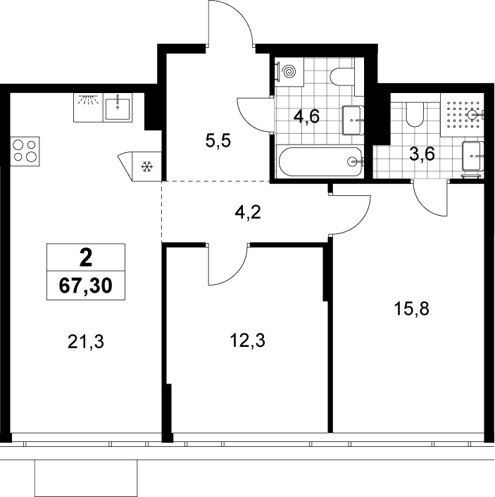 Планировка: Евротрёшка 67,3 м² в ЖК «Хольм»
