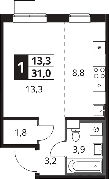Планировка: Студия 31 м² в ЖК «1-й Южный»