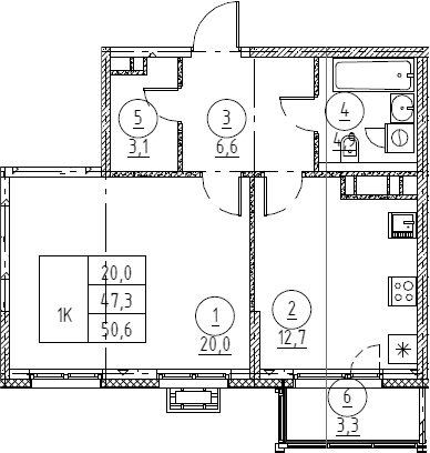 Планировка: 1-комнатная квартира 47,7 м² в ЖК «Крылов»