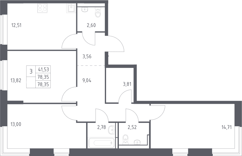 Планировка: 3-комнатная квартира 78,4 м² в ЖК «Богдановский лес»