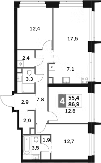 Планировка: Квартира евро-4 86,9 м² в ЖК «Амбер Сити»