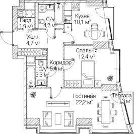Планировка: 2-комнатная квартира 63,4 м² в ЖК «СЕЗАР БУДУЩЕЕ»